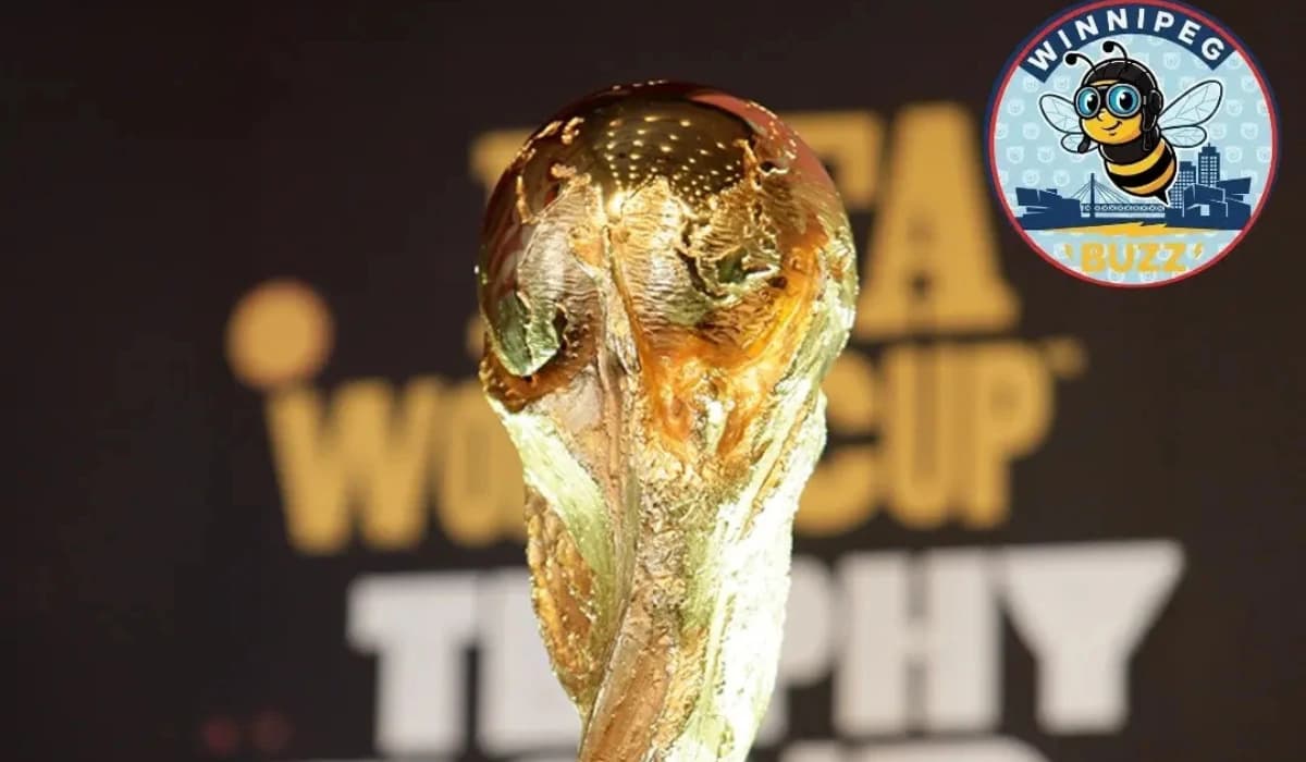 FIFA World Cup Trophy Tour event at Manitoba Legislative Grounds in Winnipeg with visitors देखने the iconic trophy