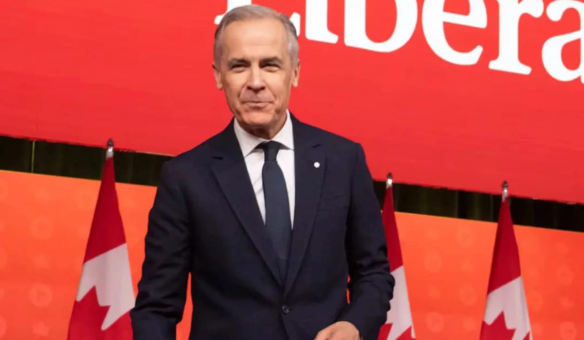 Mark Carney celebrating Liberal Party majority win after Canada byelection results