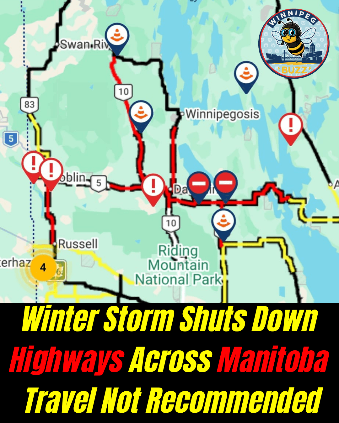 Four Central Manitoba Highways Closed as Whiteout Conditions Sweep the Region
